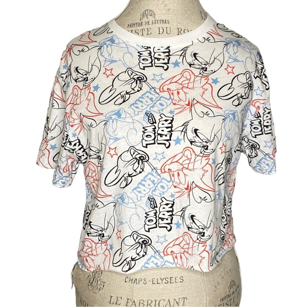 Tom And Jerry White Graphic Print Cropped Short Sleeve Shirt Women’s Size Small
